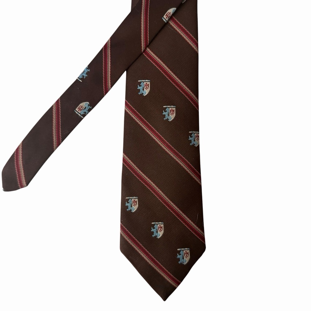 VTG Royal Knight Joslins Tie Brown Heraldic Lion Crest Striped Preppy Necktie